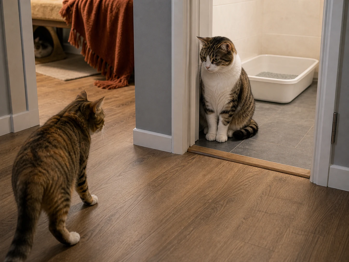 One cat sitting near a bathroom doorway while another cat pauses in the hallway before reaching a clean litter box
