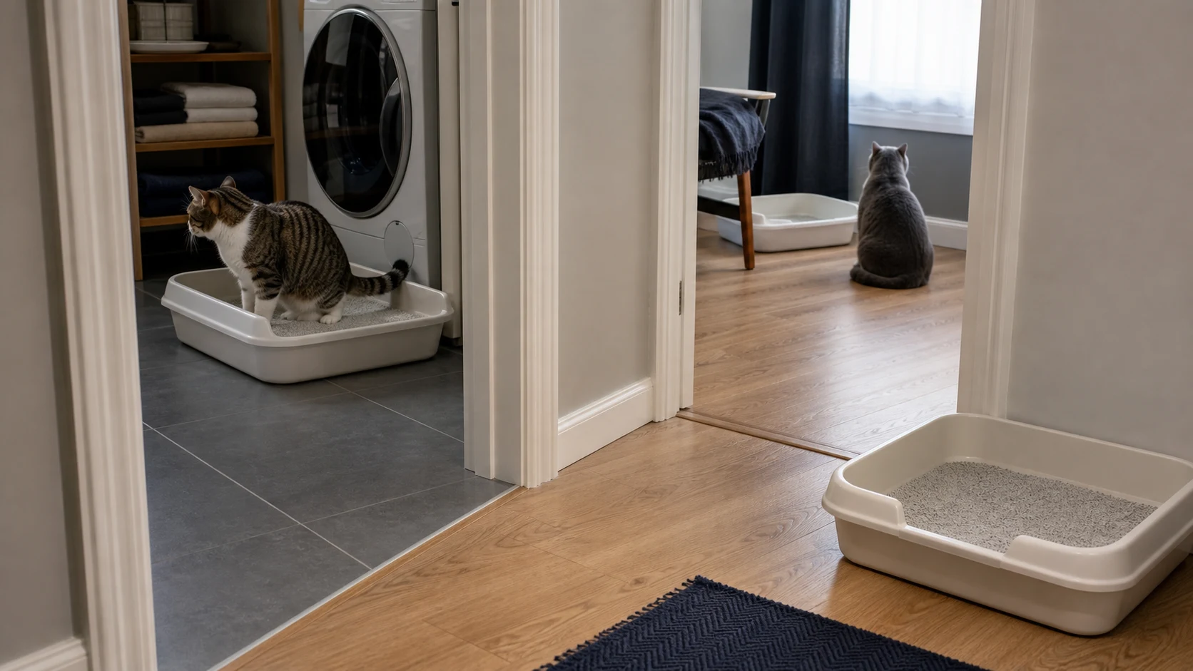 Multi-cat apartment with clean open litter boxes placed in separate zones instead of side by side