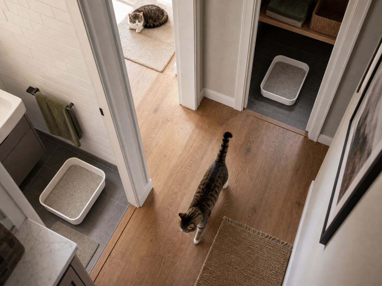Top-down apartment view with three clean litter boxes placed in separate rooms and cats using different routes