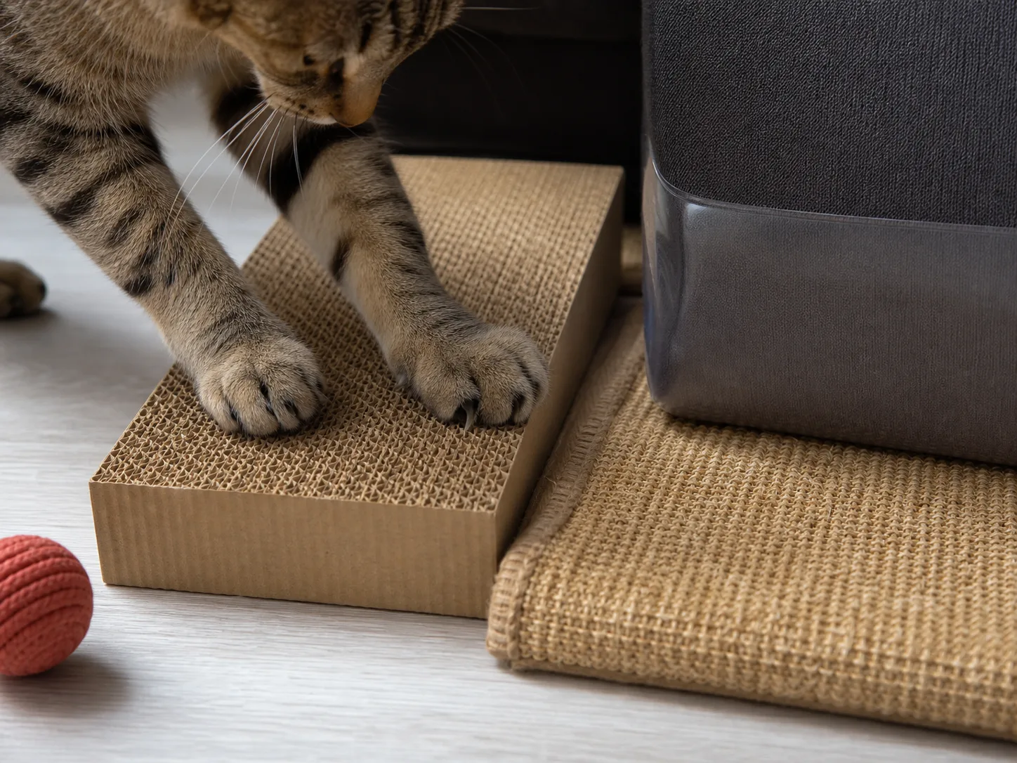 Cat paws testing a cardboard scratcher beside sisal texture and protected sofa fabric