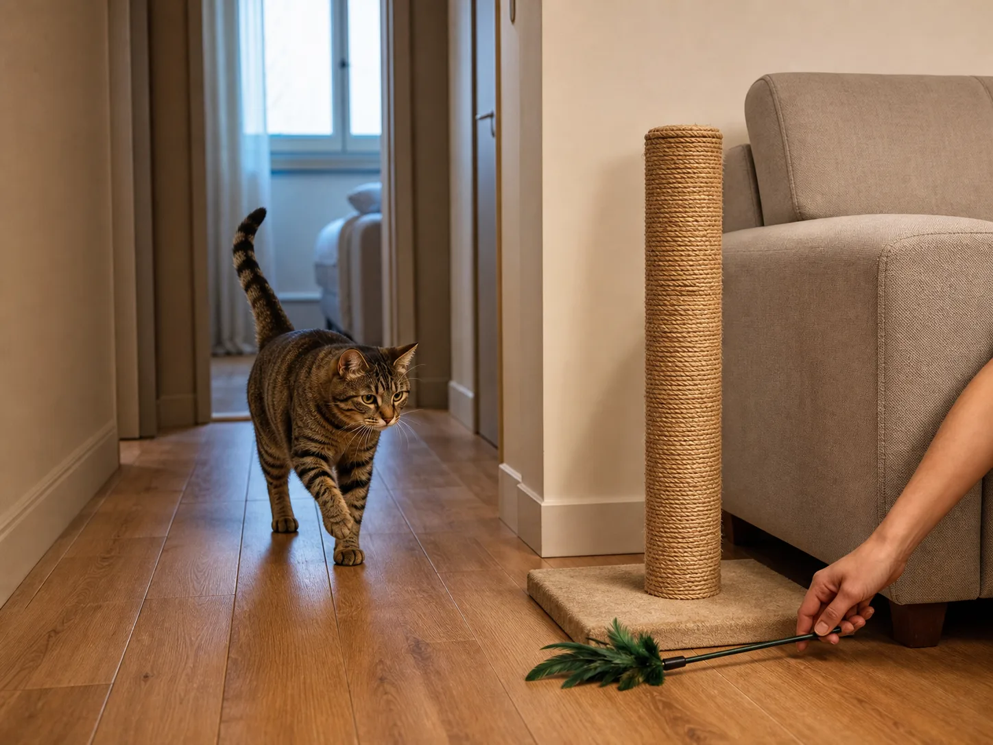Cat walking along a hallway route toward a scratching post placed beside the sofa with a wand toy nearby