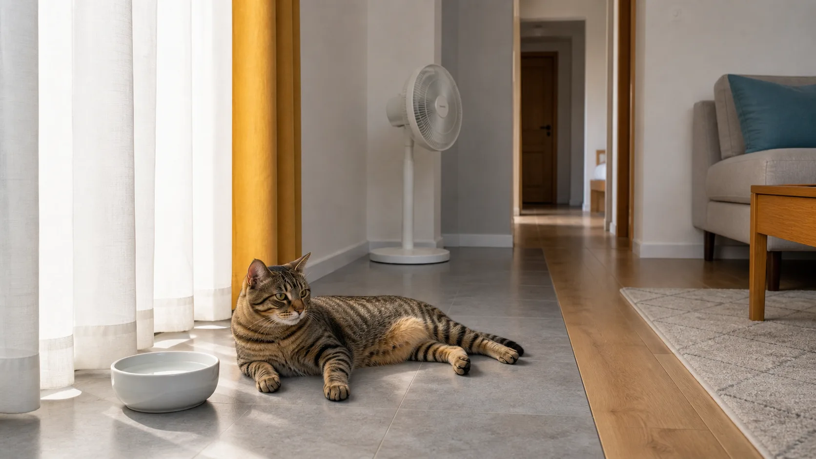 Cat resting on a shaded cool floor in a summer apartment with water nearby and a safe fan in the background