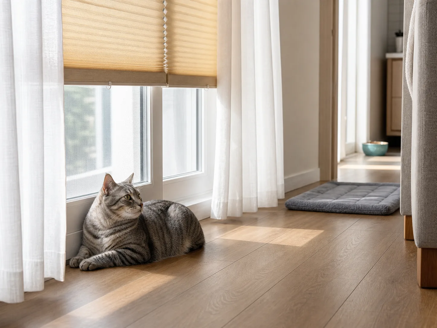 Cat resting near a closed apartment window with lowered shades and a cooler mat in the hallway