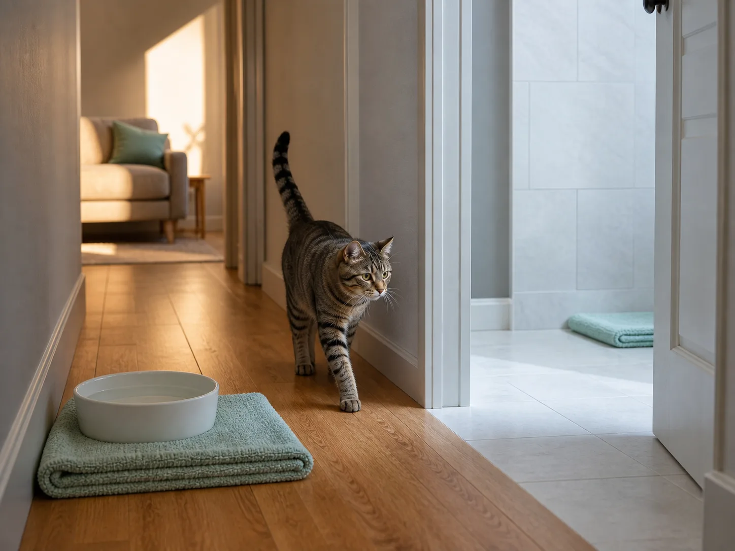 Cat walking along a shaded hallway toward cool bathroom tile with a water bowl nearby
