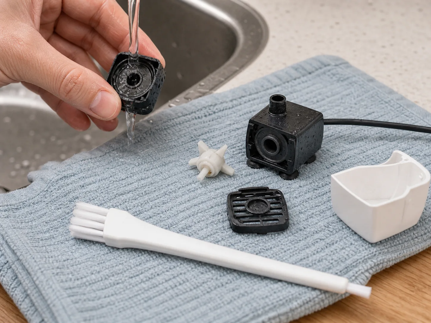 Disassembled cat water fountain pump, impeller, cover, and small brush on a towel beside the sink