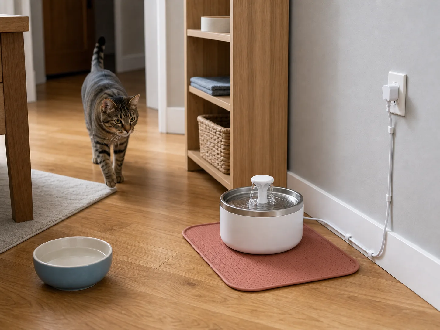Clean cat water fountain on a mat with safe wall-routed cord, backup bowl, and cat approaching from the hallway