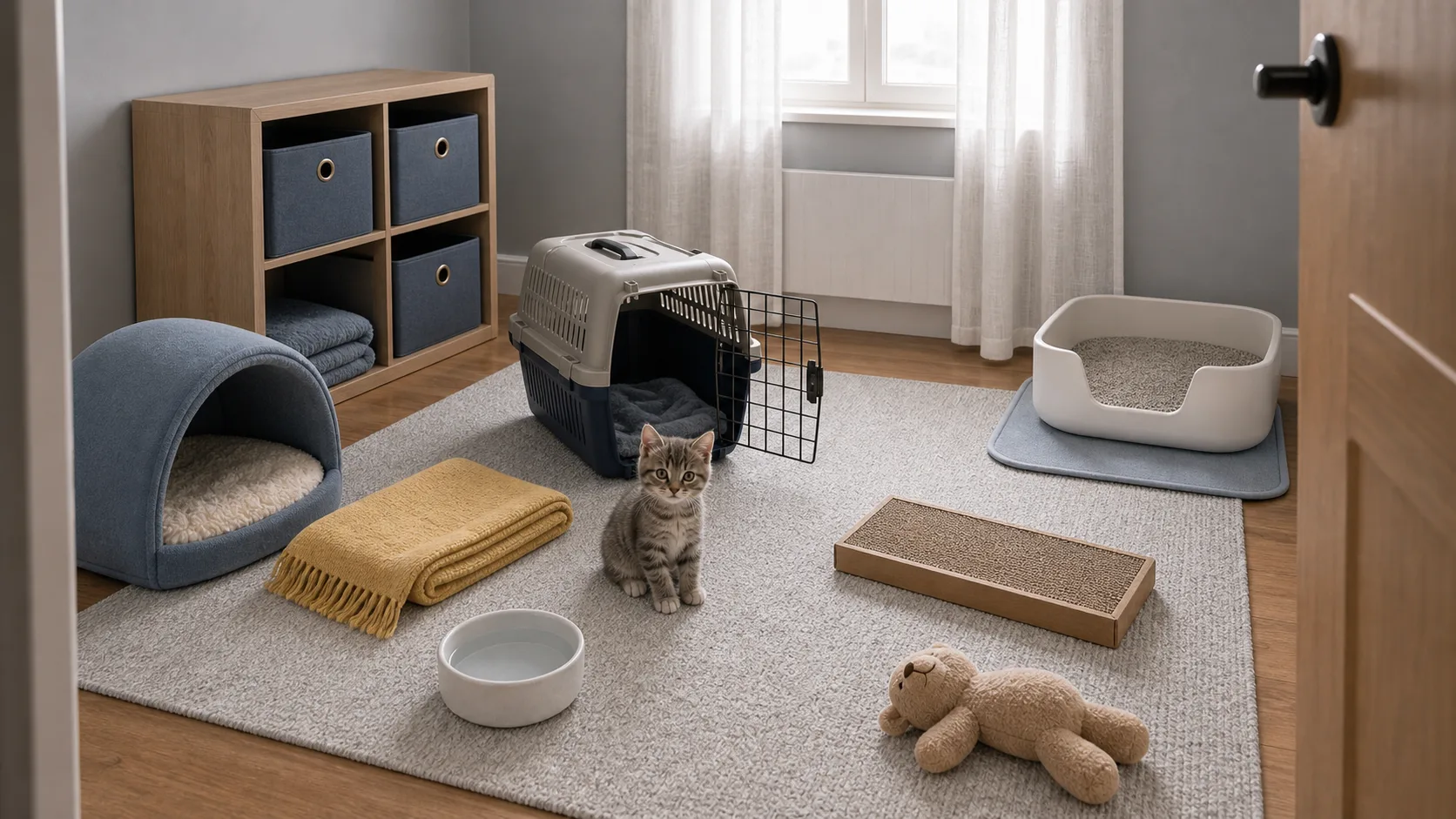 Calm new kitten room with open carrier, low-entry litter tray, bed, water bowl, scratcher, and clear walking paths