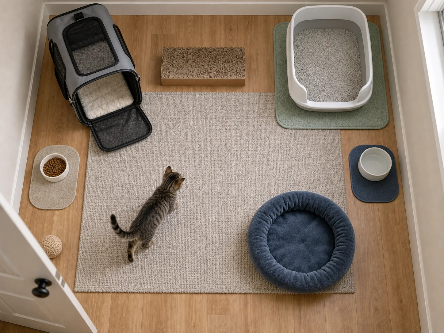 Top-down kitten room layout with carrier, bed, litter tray, food, water, scratcher, and clear walking paths