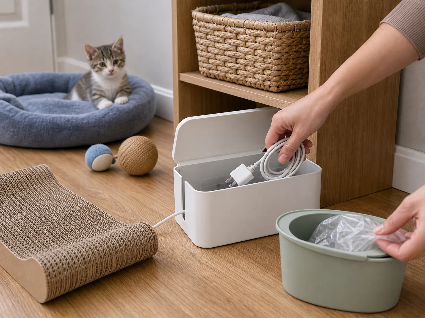 Person putting a loose charger cord into a covered cable box while a kitten watches from a bed