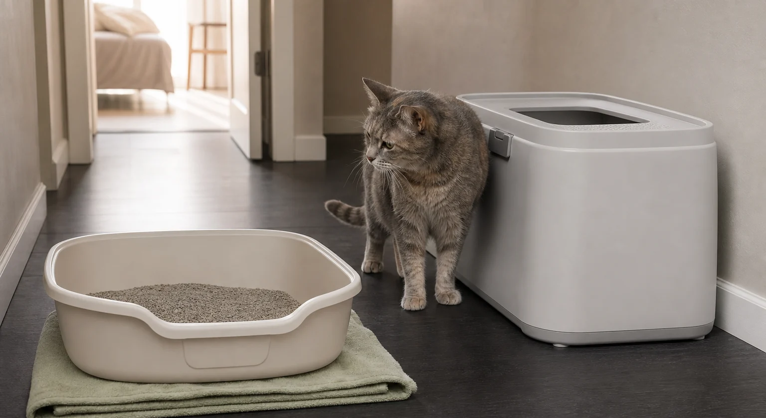 Senior cat comparing a low-entry litter tray with a taller top-entry litter box in a narrow hallway