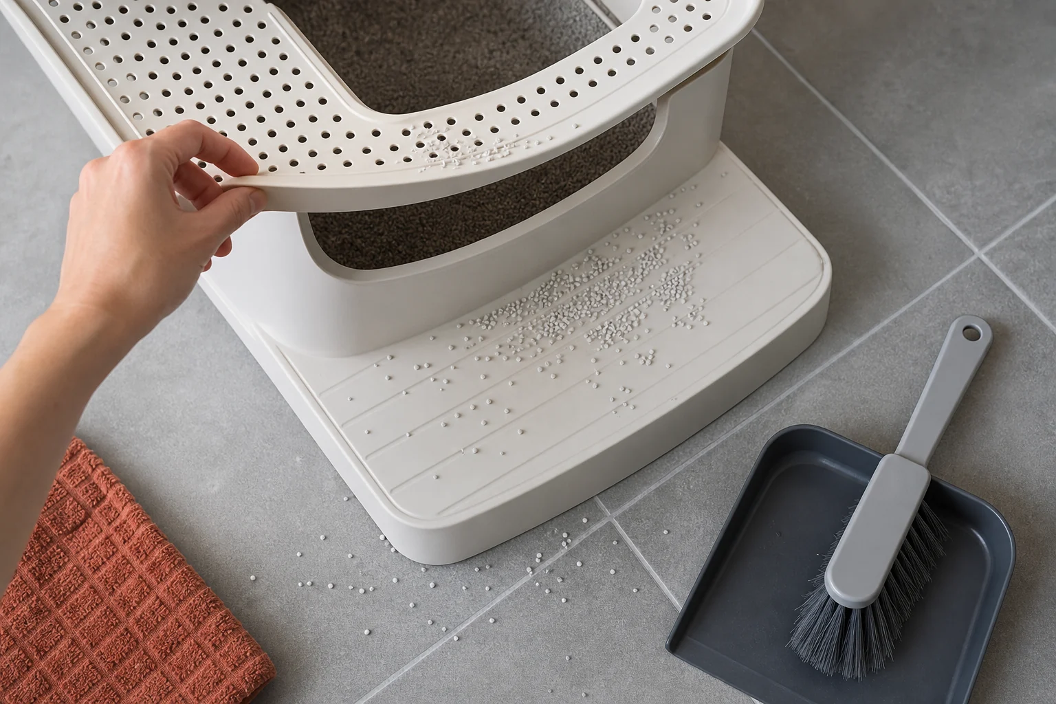 Hand lifting a perforated top-entry litter box lid with clean litter granules caught on the exit surface