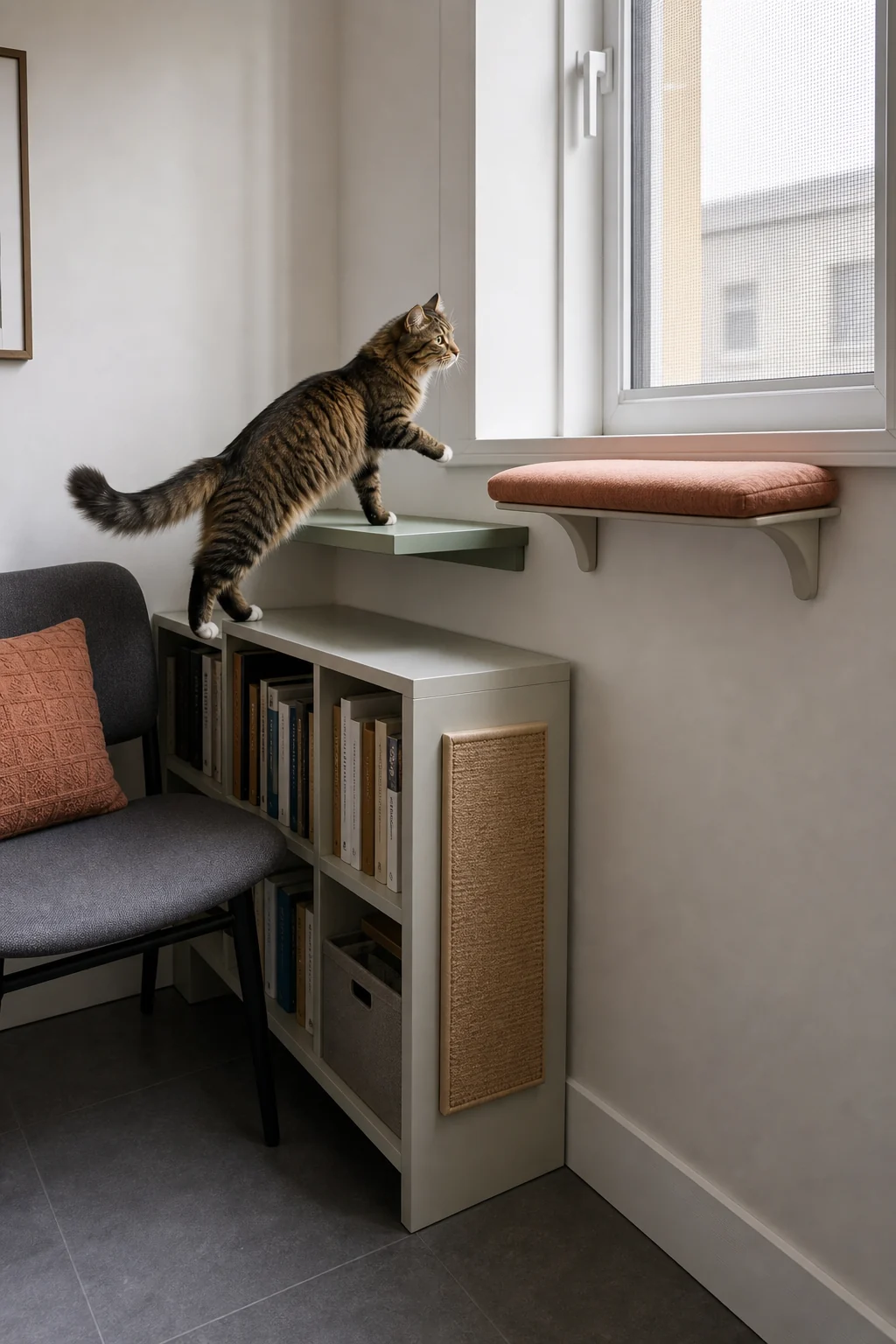 Cat using a stable chair, low shelf, scratch panel, and closed window perch as a vertical enrichment route