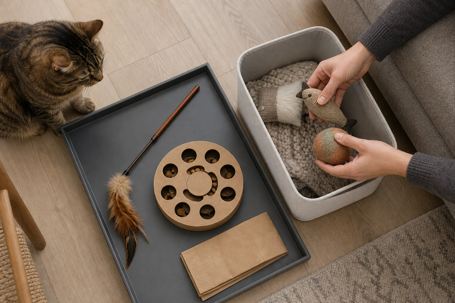 Hands rotating a small tray of cat enrichment toys and a puzzle feeder beside a fabric storage bin