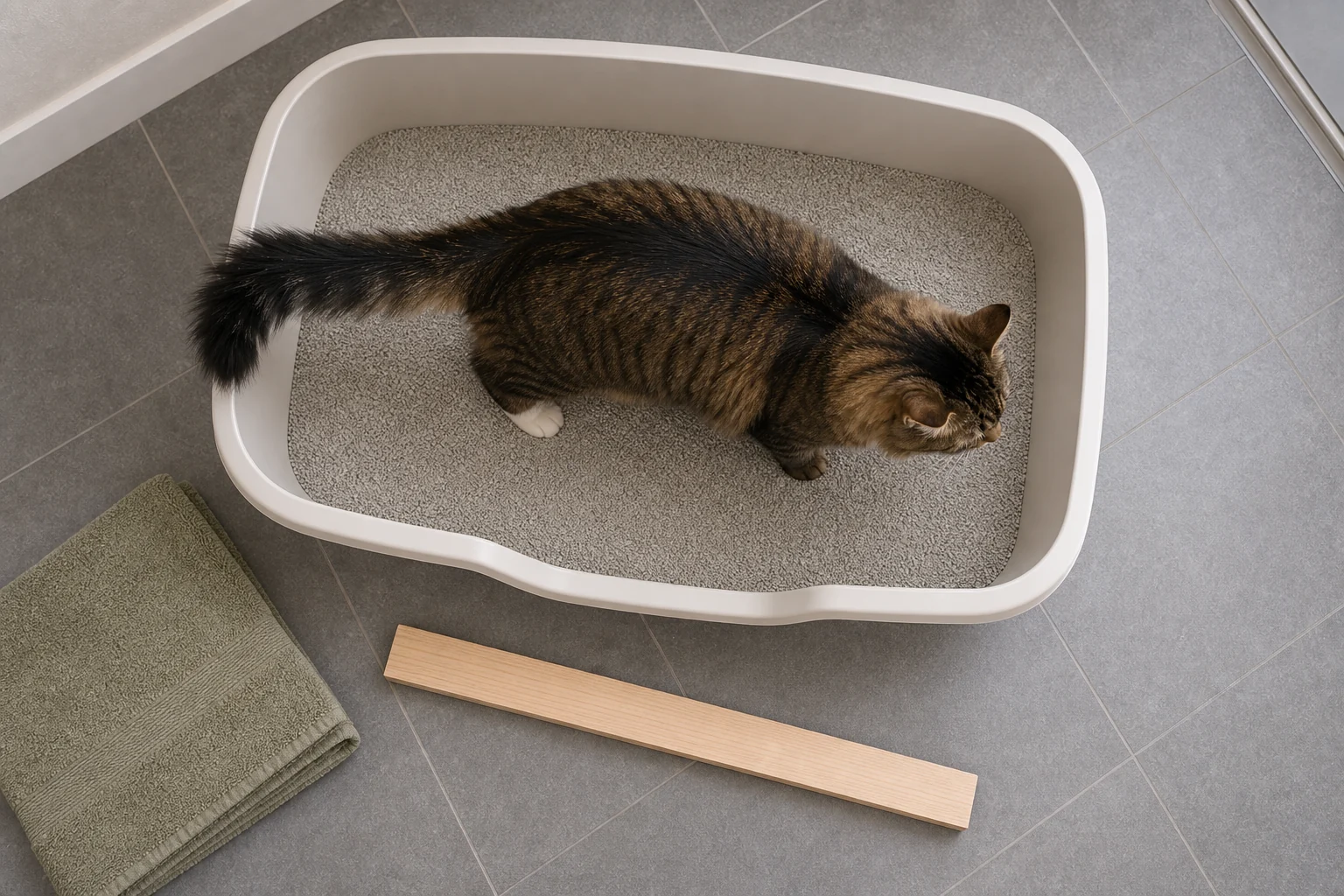 Large cat standing inside an open litter box with visible turning room around the body