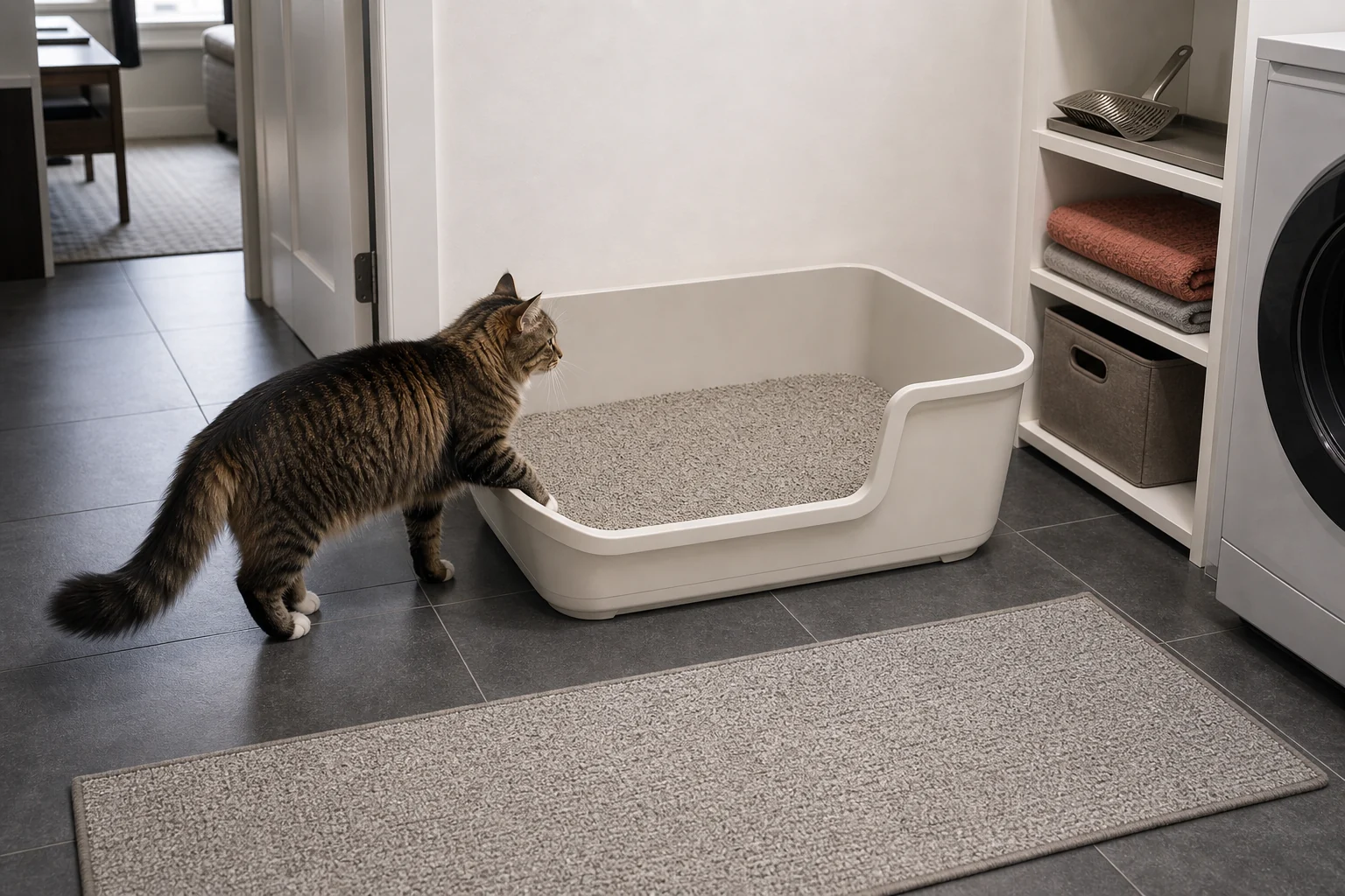 Large adult cat entering an extra-large open litter box with a low front entry in a utility room