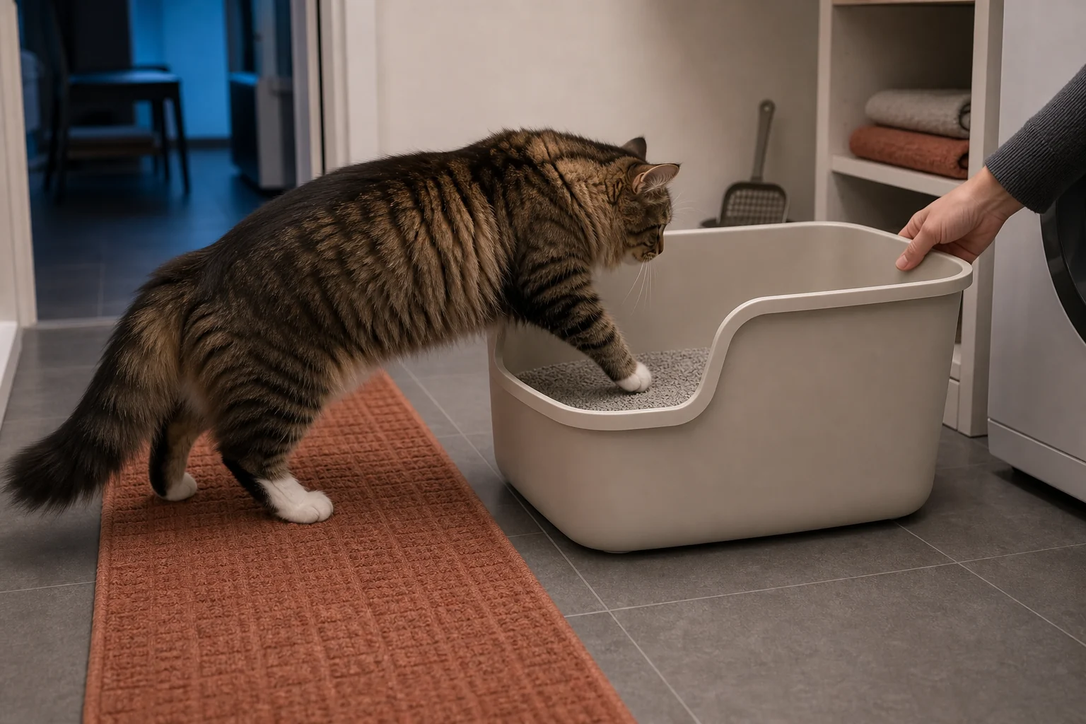 Large cat stepping through the low front entry of a high-sided open litter box on a washable runner