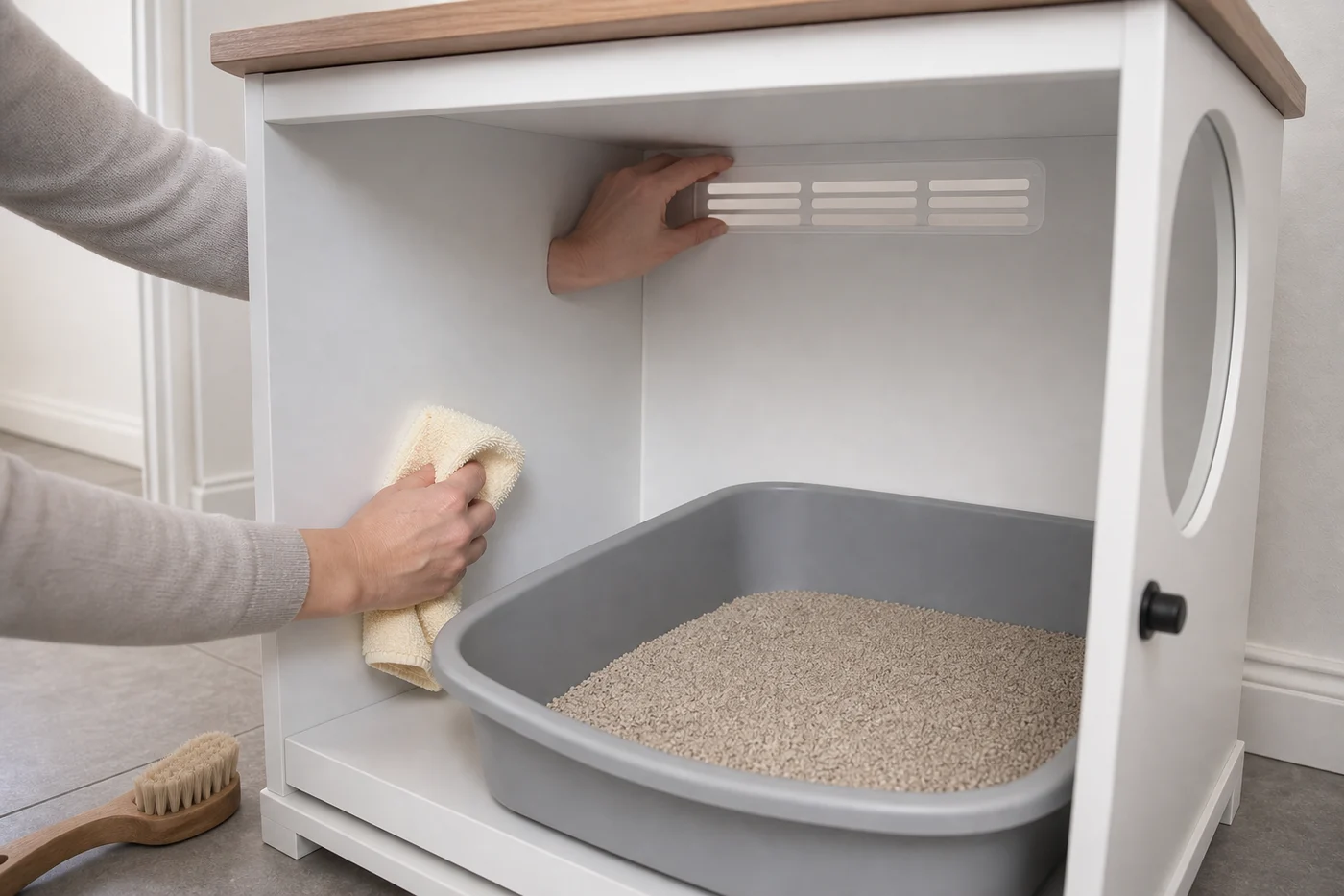 Hands wiping the inside corner of a litter box enclosure while checking a rear ventilation slot