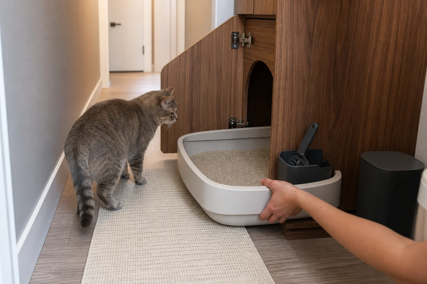 Large cat watching as a clean litter tray is pulled out from a wooden enclosure for scooping in a narrow hallway