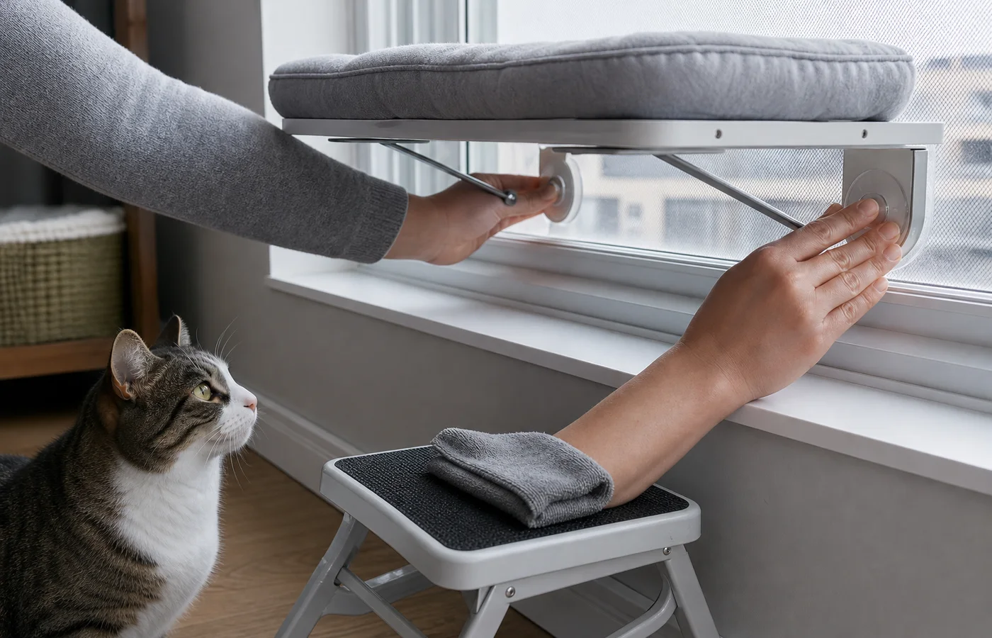 Hands checking the underside support of an empty cat window perch while a cat watches from the floor