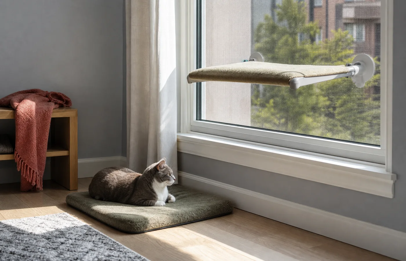 Cat choosing a shaded floor pad near a closed window while a window perch sits above a sun patch
