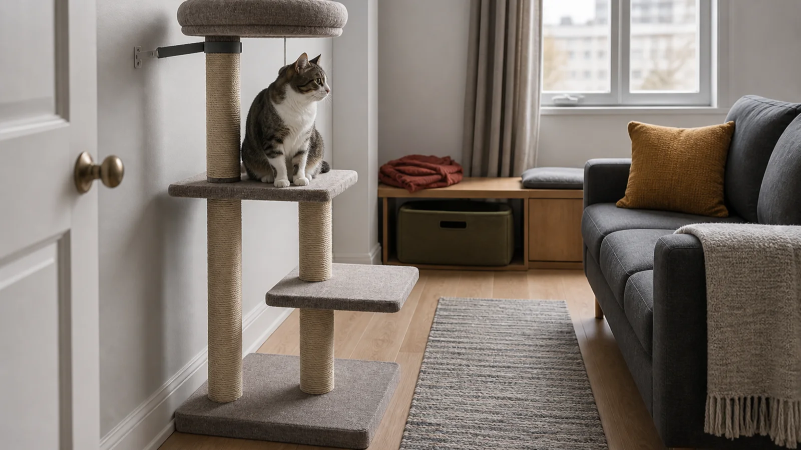 Cat sitting on a medium-height cat tree with a wide base beside a sofa and clear floor route