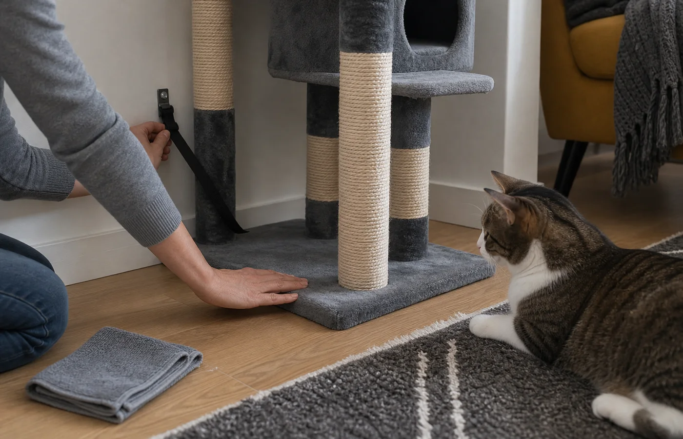 Hands checking the base and wall anchor of a cat tree while a cat watches from the floor
