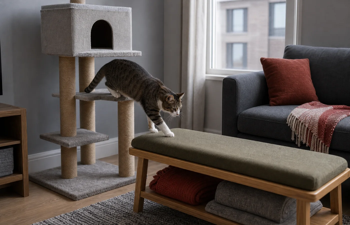 Cat stepping from a lower cat tree platform to a broad bench beside a sofa with a clear floor route