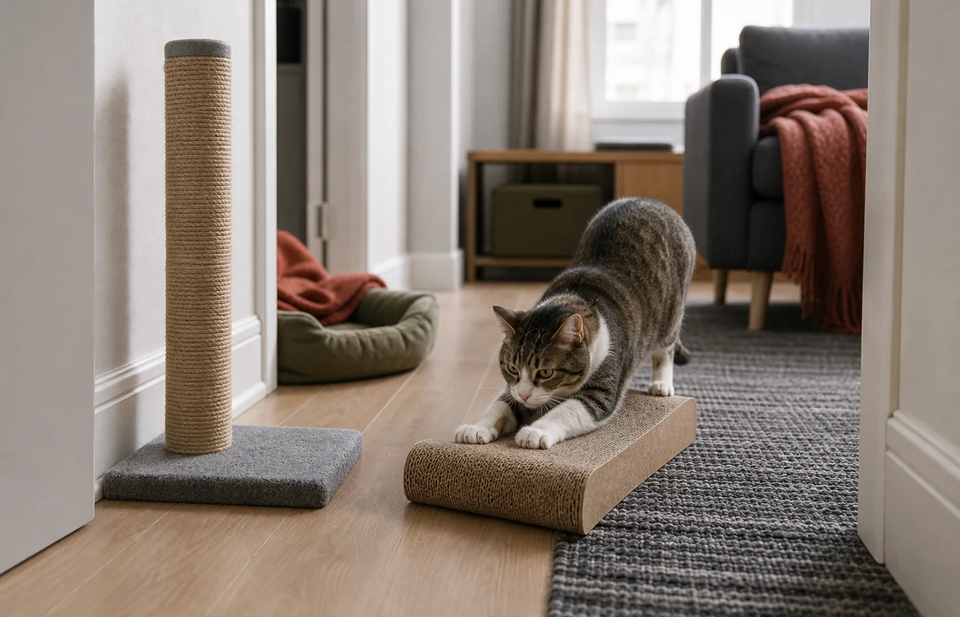 Cat using a horizontal cardboard scratcher on the same route as a vertical sisal scratching post