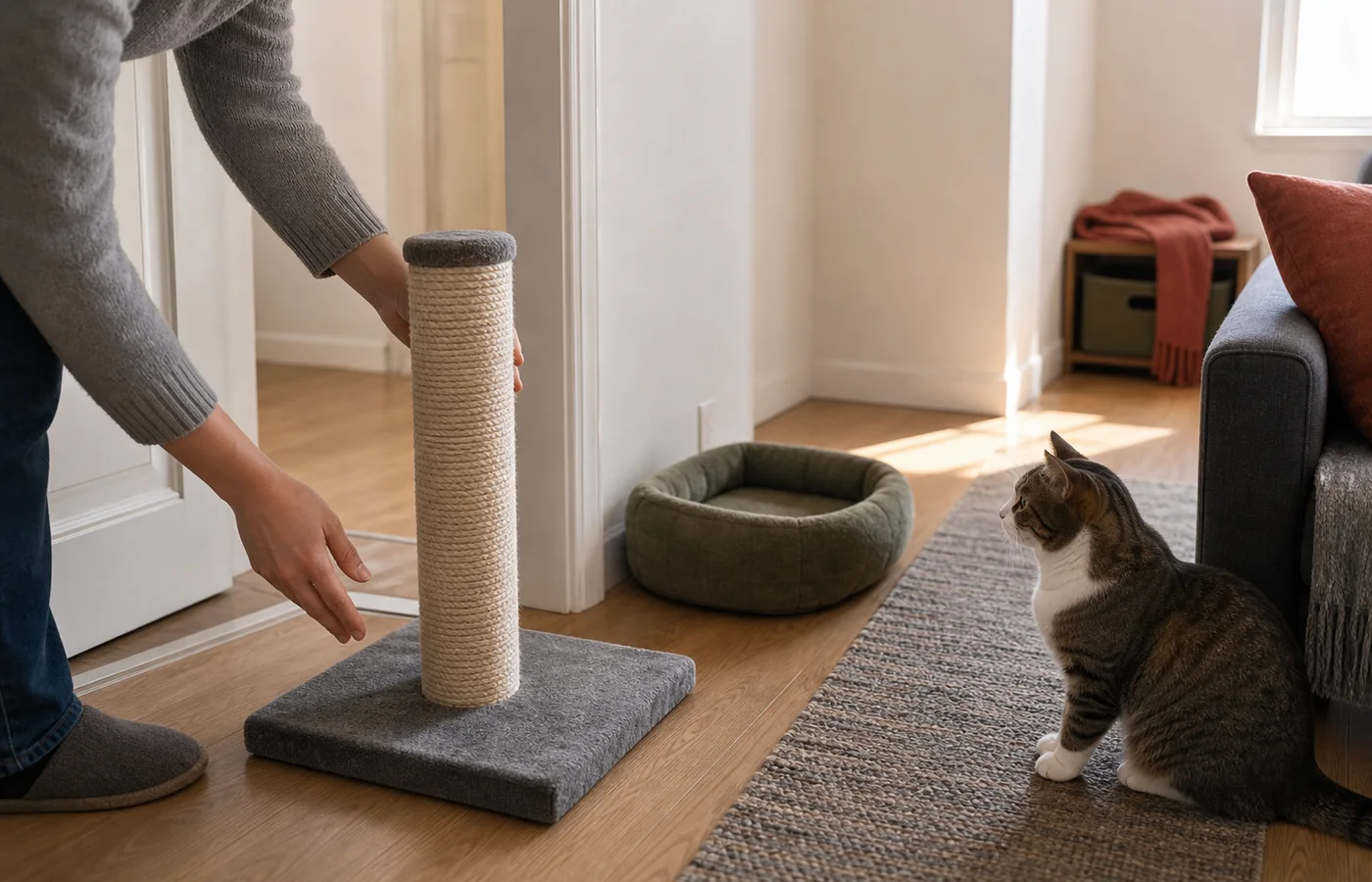 Hands positioning a sturdy scratching post beside a doorway route while a cat watches from nearby