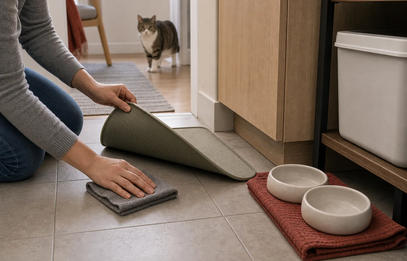Hands lifting a washable feeding mat to wipe the floor while clean ceramic bowls sit beside a clear kitchen path