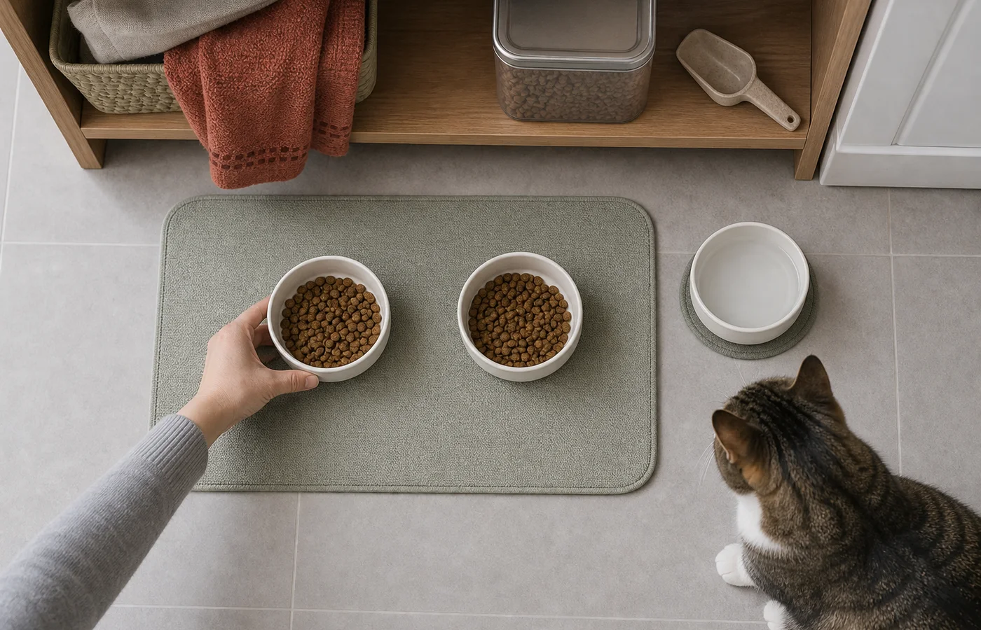 Top-down feeding station with two ceramic food bowls, a separate water bowl, a sealed food container, and a hand placing one bowl