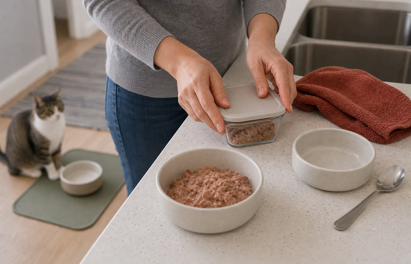 Hands covering a small container of leftover wet cat food beside a ceramic bowl and spoon on a clean kitchen counter