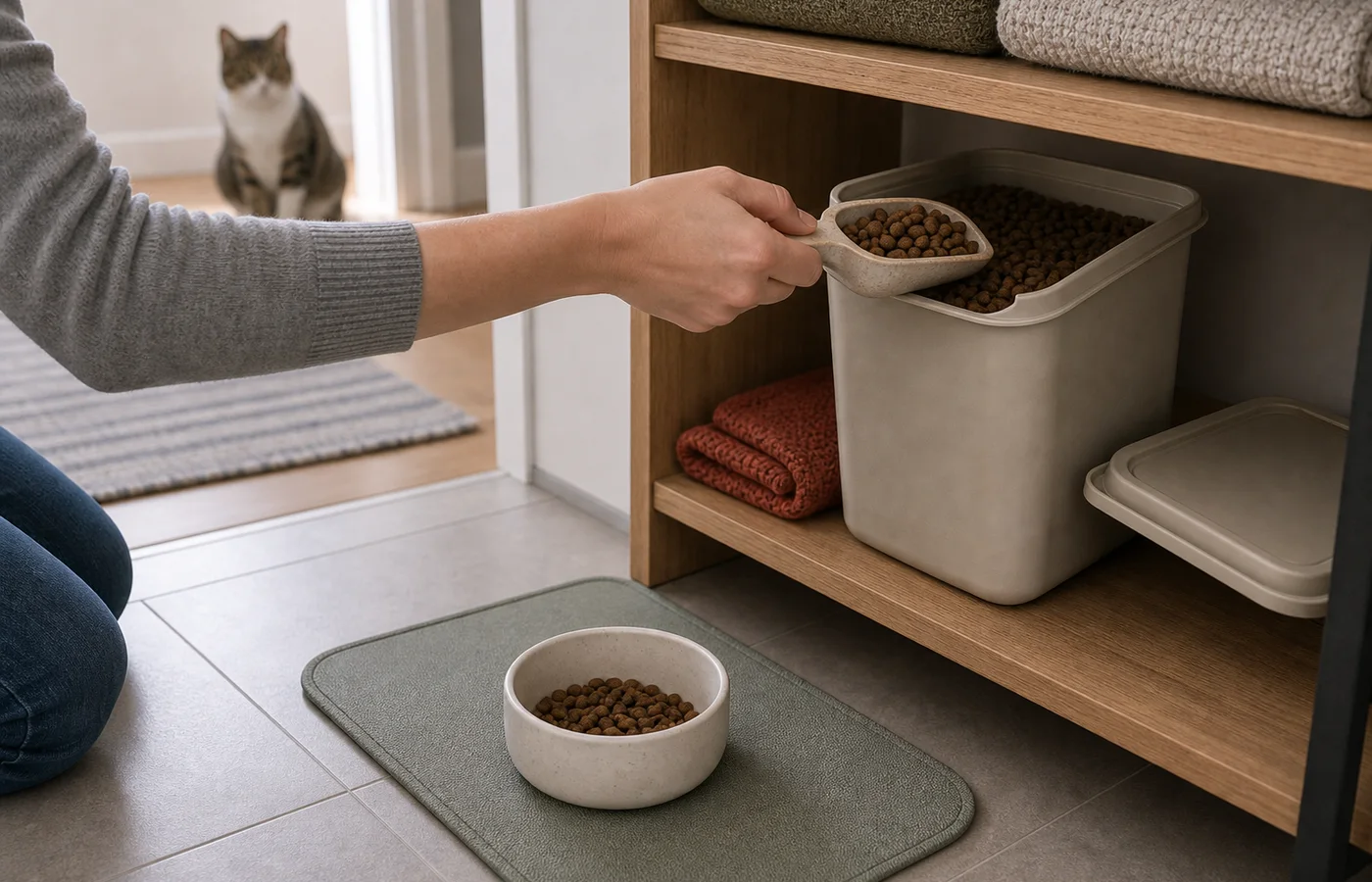 Hand scooping dry cat food from an unmarked sealed storage bin into a ceramic bowl while a cat waits in the background