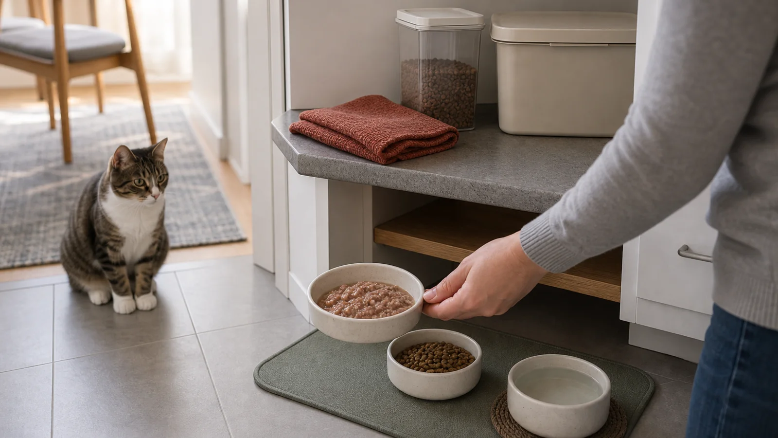 Cat waiting beside wet and dry cat food bowls, water, and sealed unbranded storage containers