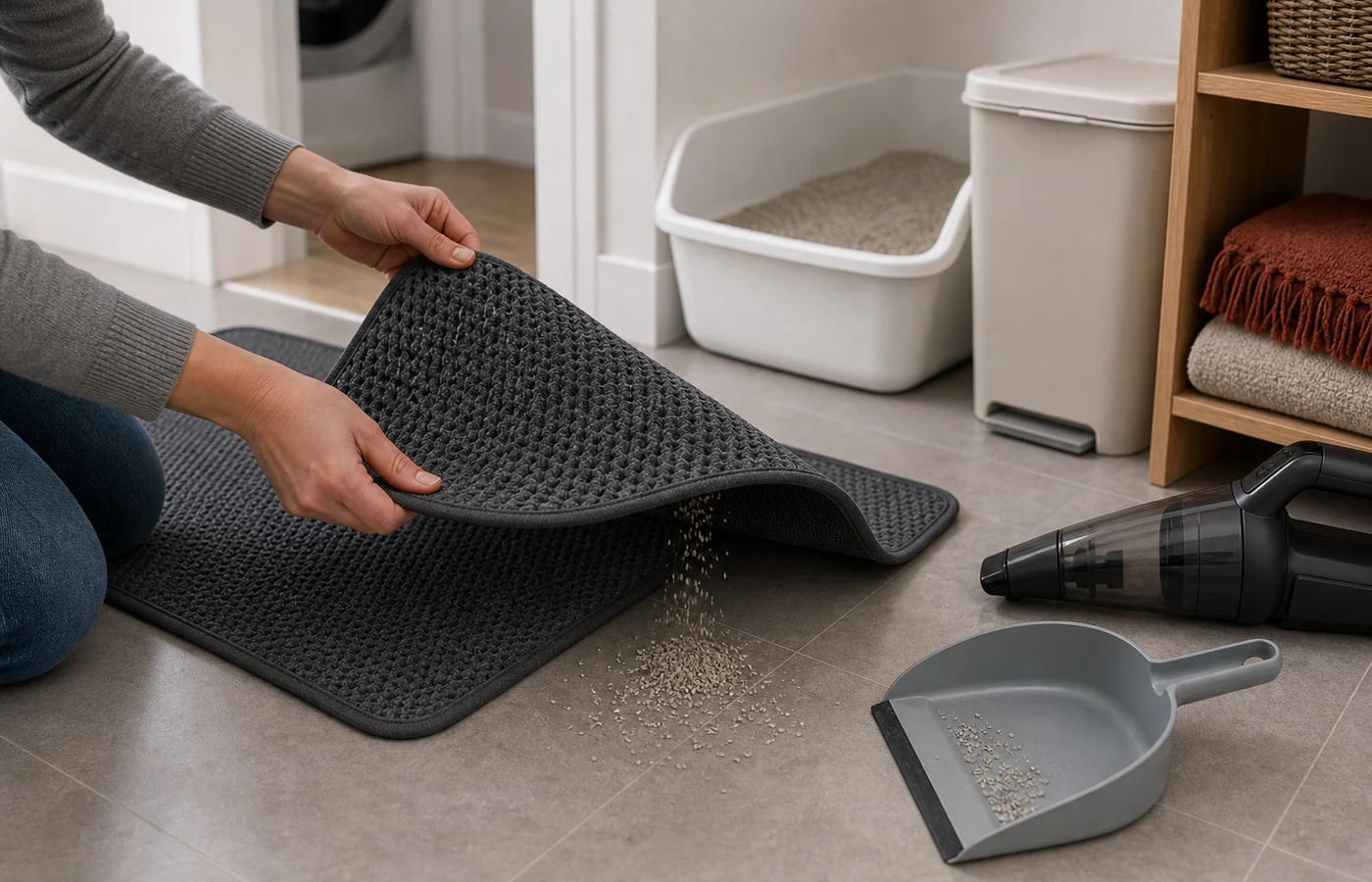 Hands lifting a charcoal litter mat so clean granules fall toward a dustpan near an open litter tray
