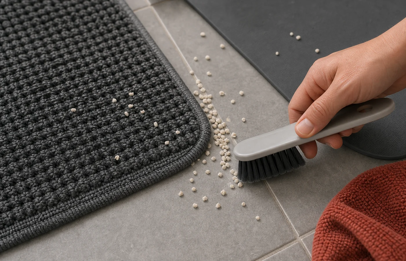 Close-up of a charcoal litter mat catching clean pale granules while a hand brushes the edge