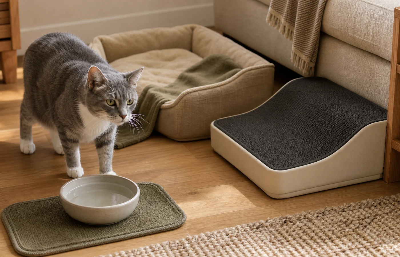 Older gray and white cat near a shallow water bowl, low bed, and stable step beside a sofa