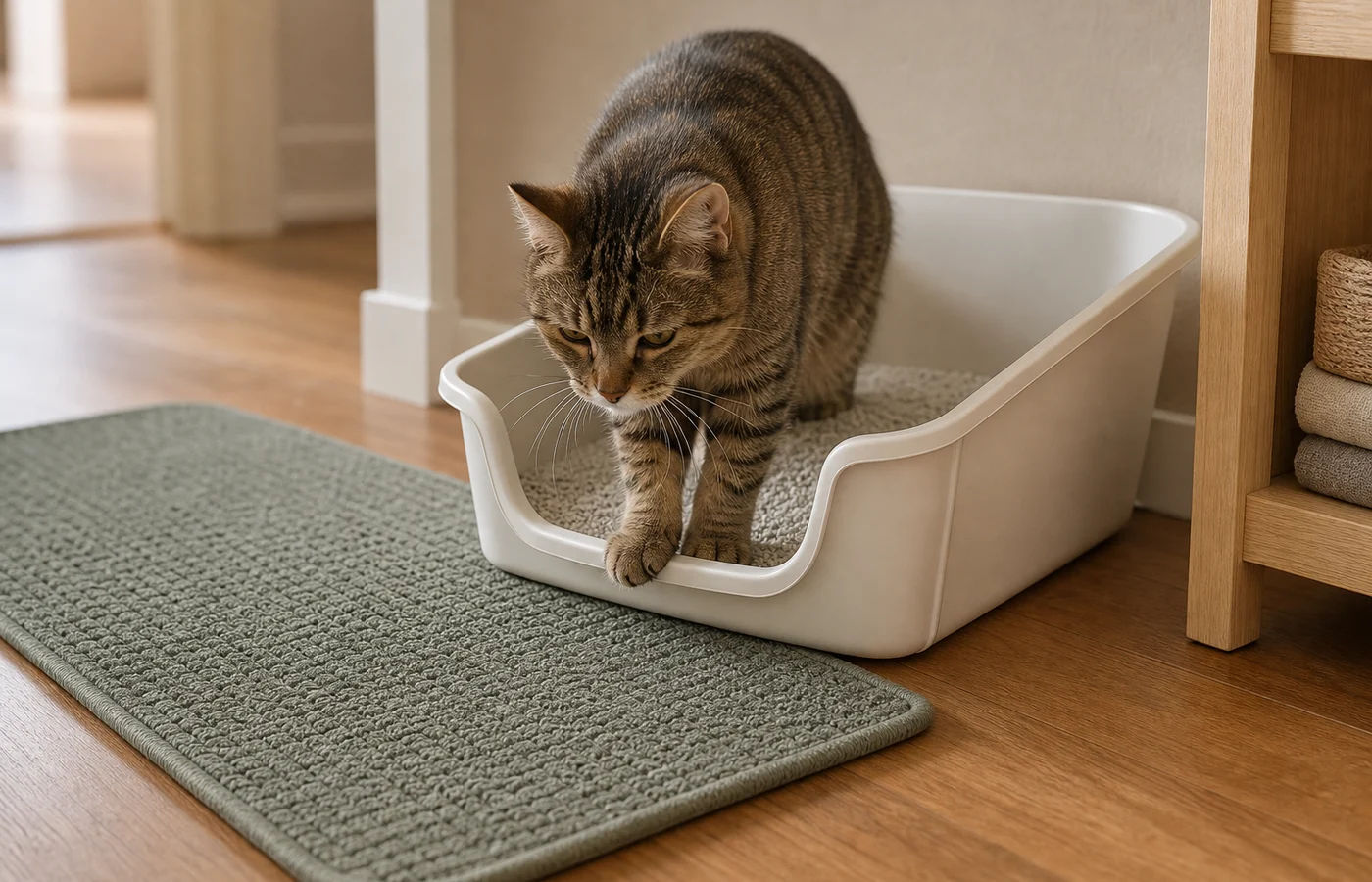 Older tabby cat stepping into a clean low-entry litter tray beside a short non-slip runner