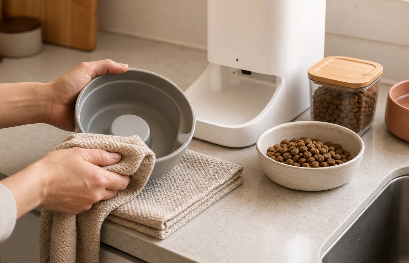 Hands drying a removable automatic feeder bowl insert beside a clean backup bowl and food container
