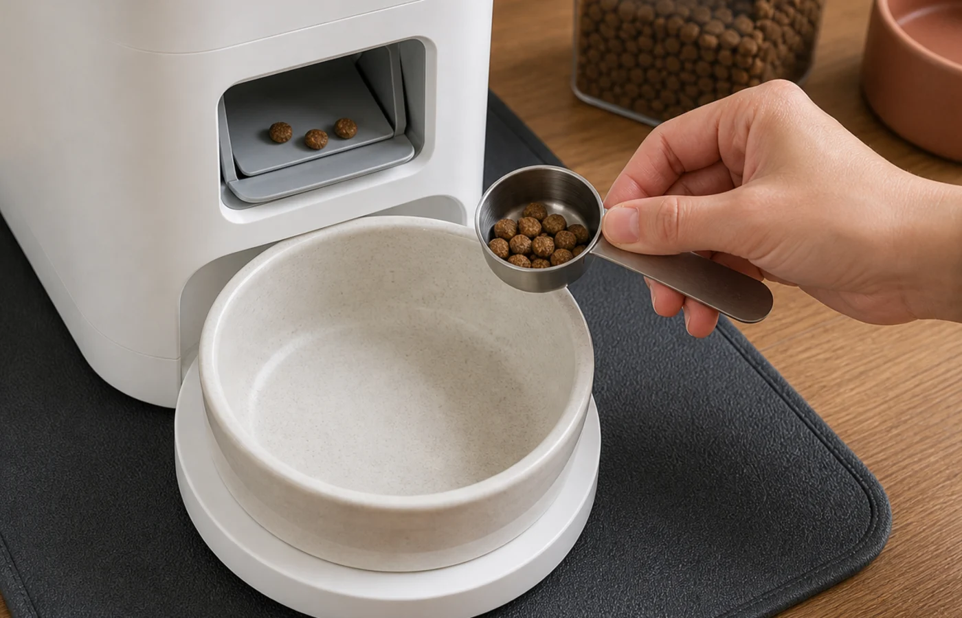 Hand checking an automatic cat feeder chute with a small measured scoop of dry kibble above an empty bowl