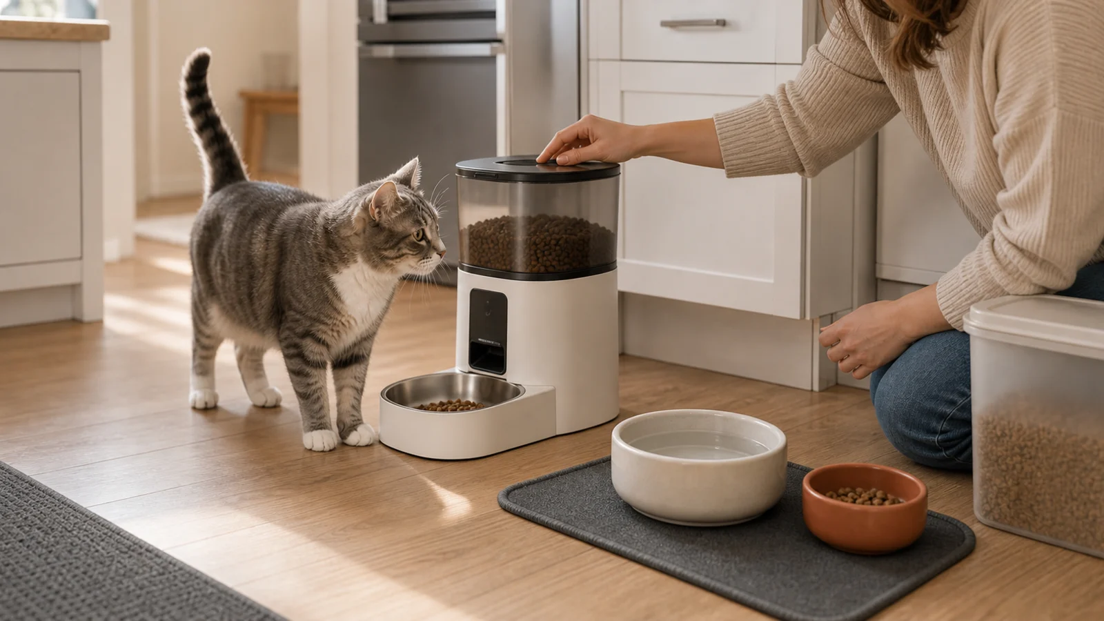 Cat standing beside an automatic dry feeder while a person checks the lid, bowl, water, and backup dish