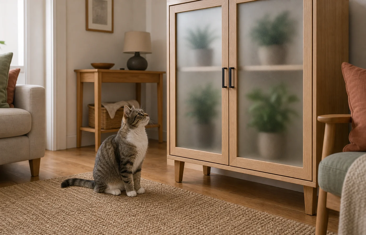 Cat sitting on the floor below a closed frosted-glass cabinet with non-identifiable plants kept out of reach