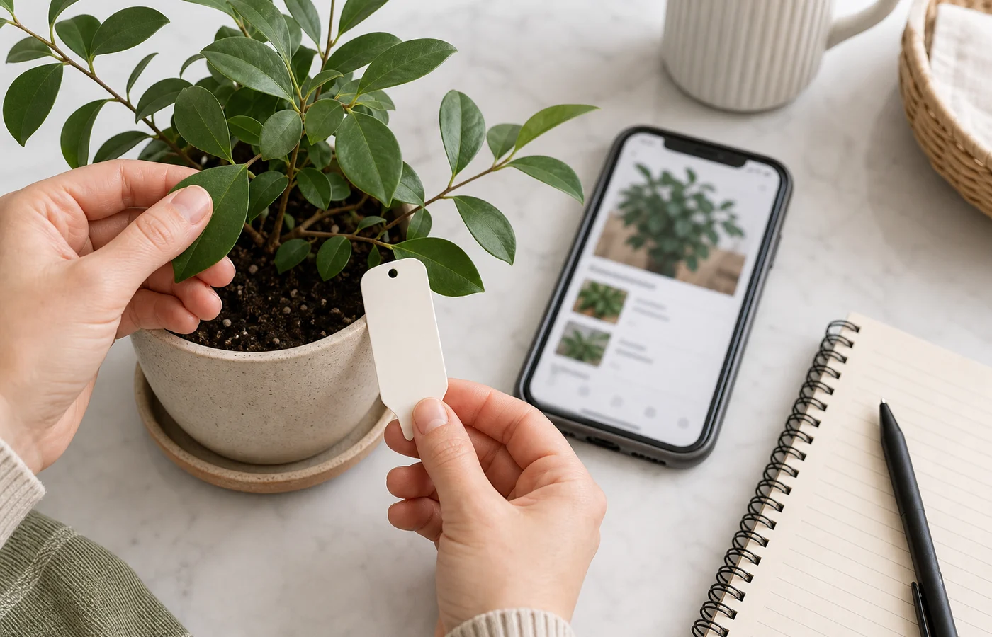 Hands comparing a blank nursery tag, leafy houseplant, notebook, and phone before allowing a plant near cats