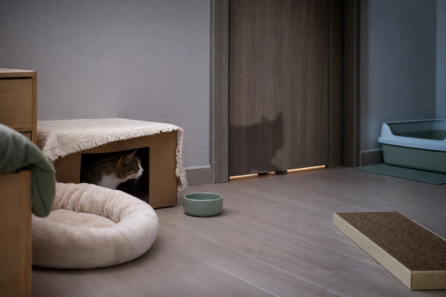 New cat resting in a covered cardboard hideout inside a closed introduction room while a resident cat waits outside the door