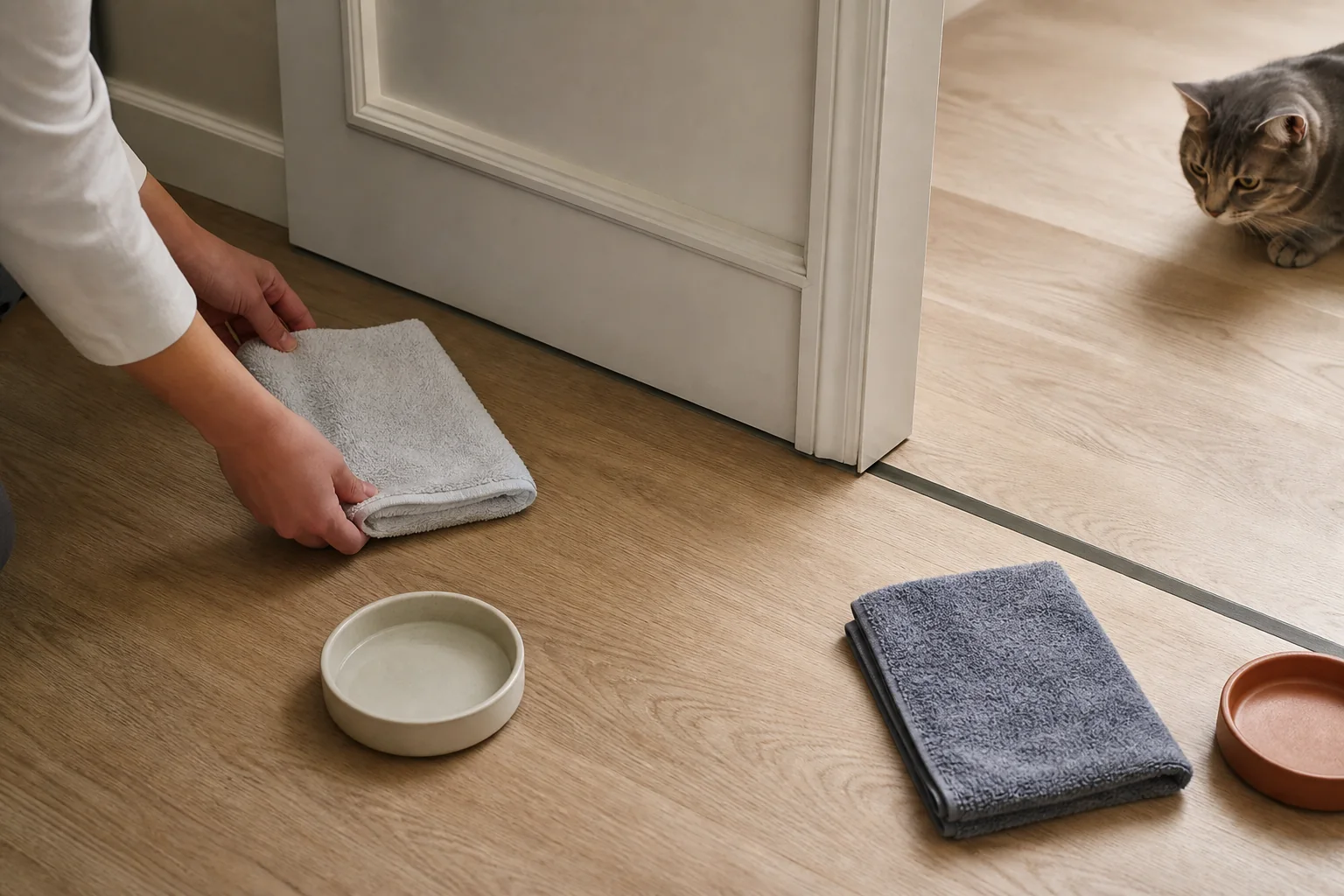 Hands placing folded towels near a closed doorway while a resident cat watches from several feet away