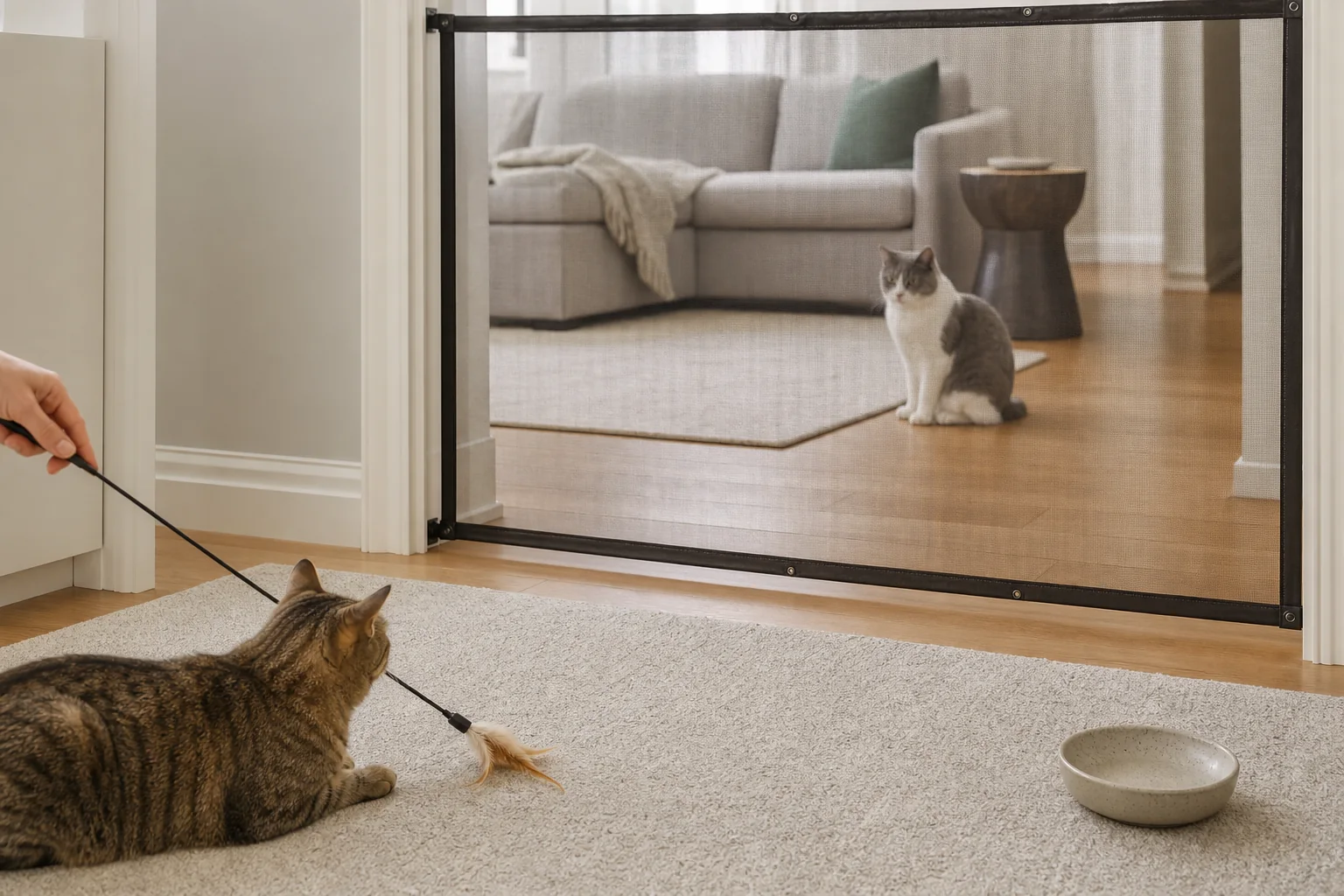 Two calm cats on opposite sides of a mesh doorway barrier during a short supervised introduction
