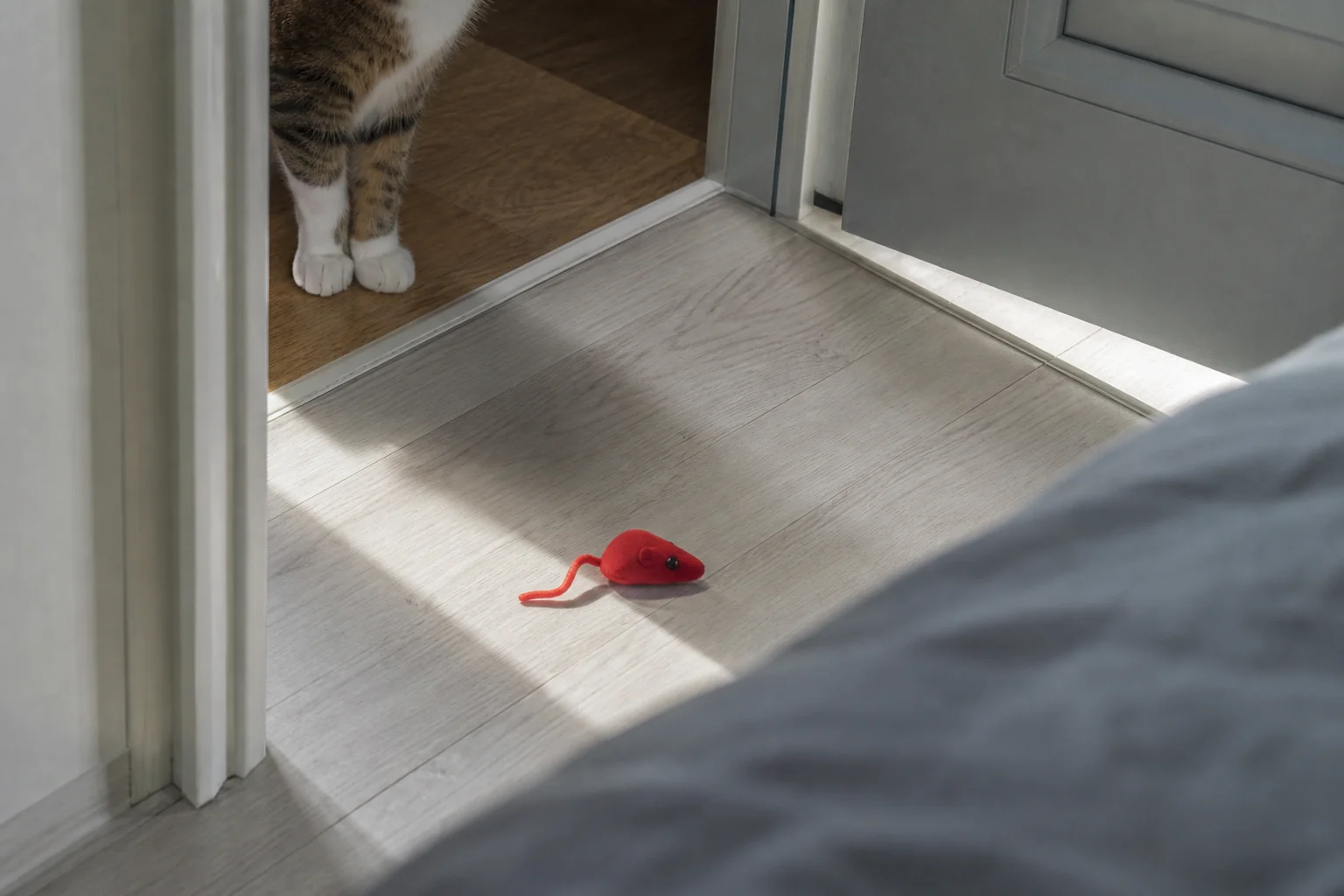 A red mouse toy waits in a sunlit bedroom doorway with the white paws of a tabby cat just beyond the threshold