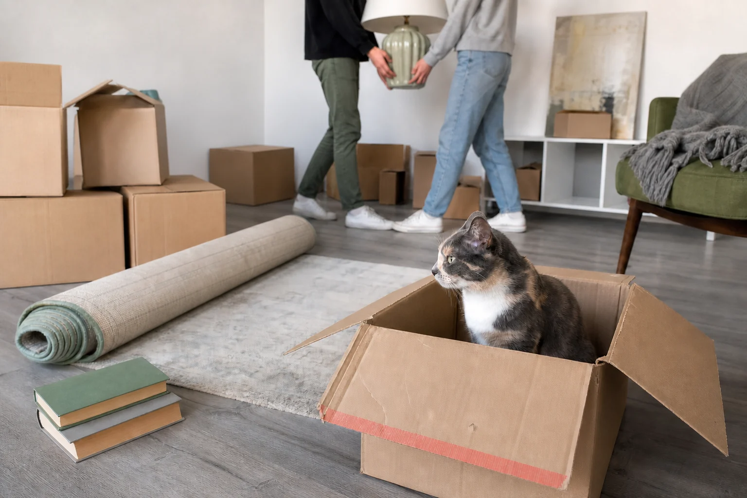 A dilute calico cat sits inside one worn cardboard box while two roommates unpack a bright apartment