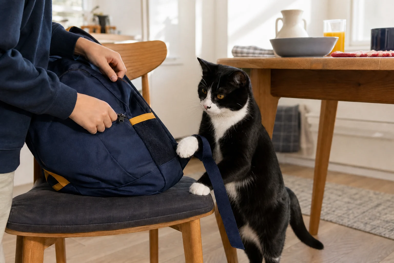 A tuxedo cat places one white paw through the strap of a navy backpack beside a breakfast chair