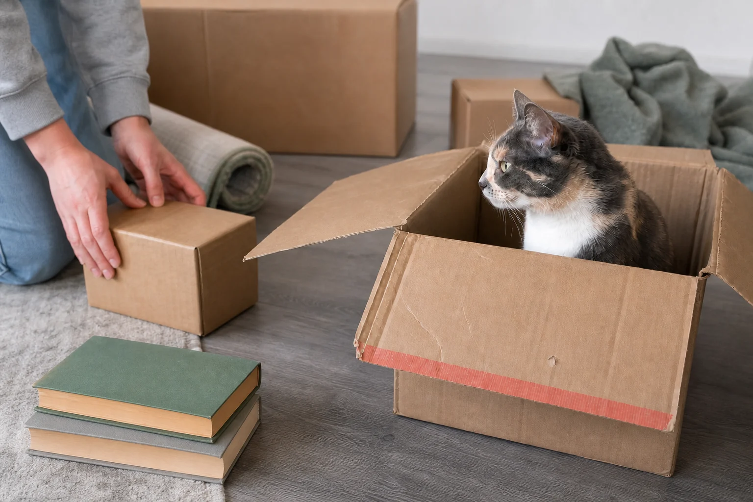 A dilute calico cat sits in a worn moving box while a cardboard flap touches her shoulder and a roommate unpacks nearby